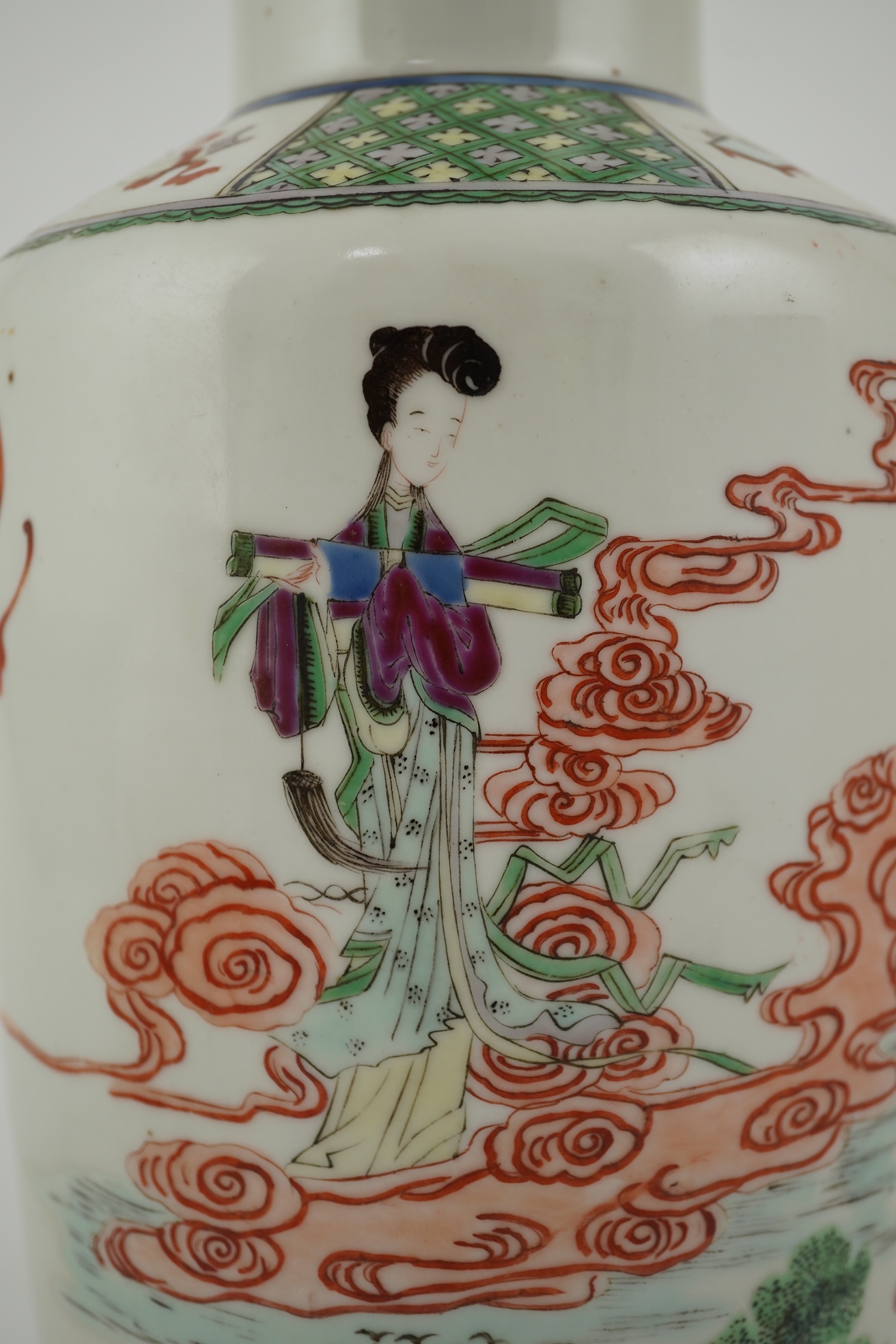 A Chinese famille rose rouleau vase, Kangxi mark, c.1900
